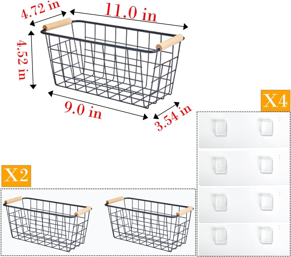 Black Metal Hanging Baskets with Handle, Wire Wall Storage Organizer with Hooks, 2-Pack Adhesive Baskets for Kitchen,