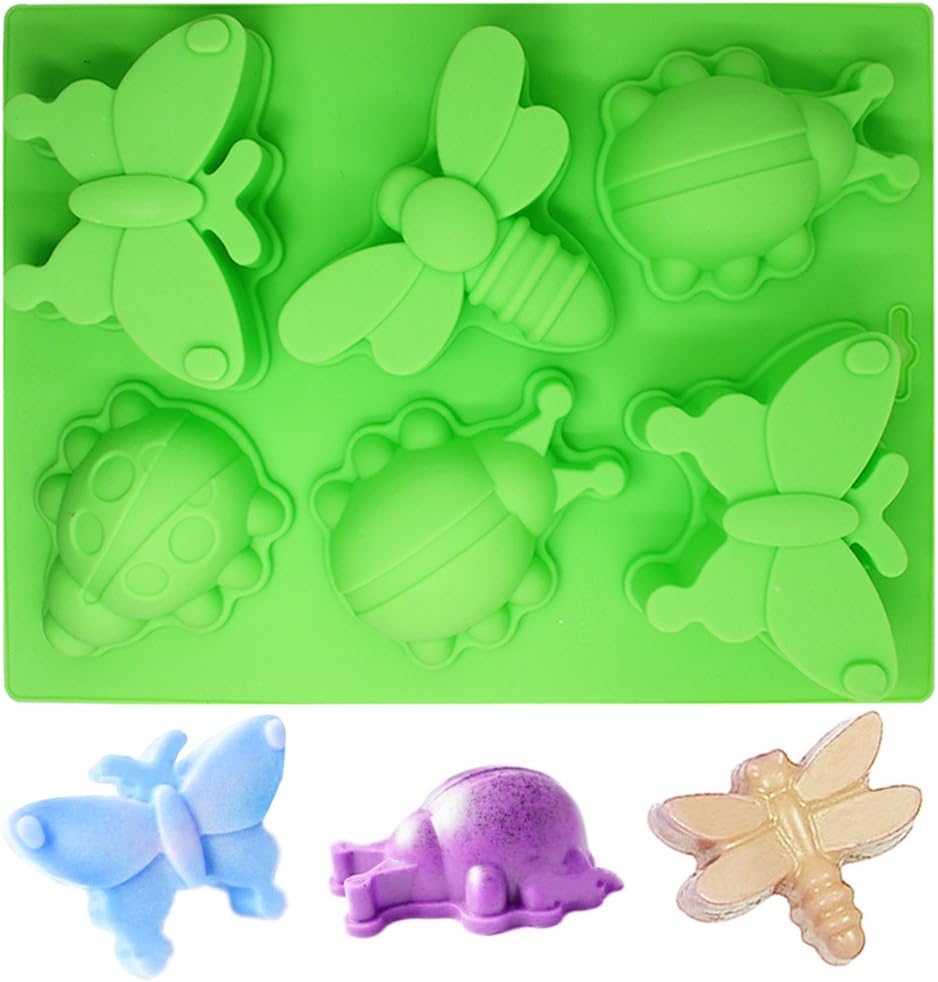 SENHAI 2 Pcs Insect Shape Silicone Trays, 6-Cavity 3D Dragonfly Butterfly Ladybug Cake Baking Molds - Orange, Green