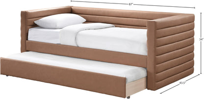 Meridian Furniture BeverlyCognac-T Beverly Collection Modern | Contemporary Twin Daybed with Soft Cognac Premium Vegan Leather, Deep Channel Tufting, Twin Trundle, 87" W x 43.5" D x 34" H, Cognac