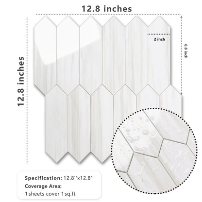 Vamos Tile 1 Sheet Glossy Dolomite White Backsplash Tile Peel and Stick, 12.8 x 12.8 Inch Long Hexagon PVC Self Adhesive Mosaic Wall Tiles Stick on Backsplash for Kitchen and Bathroom