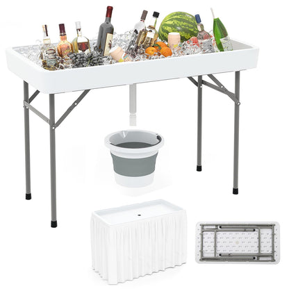 Giantex Folding Ice Cooler Table, 46'' Outdoor Chill Bar Table with Drain, Foldable Bucket & Removable Matching Skirt, for Events, Party, Camping, Buffet Beverage Server, White
