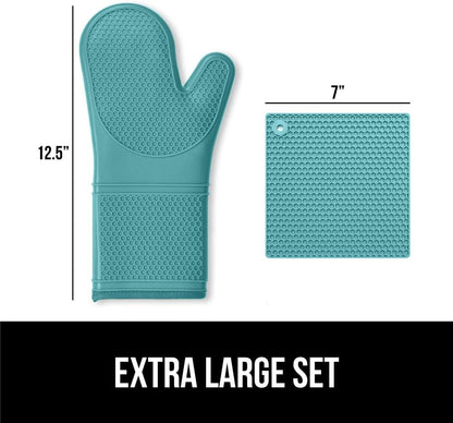 Gorilla Grip 4 Piece Silicone Oven Mitt and Trivets Set, Waterproof, Cotton Lined, BPA-Free, Turquoise