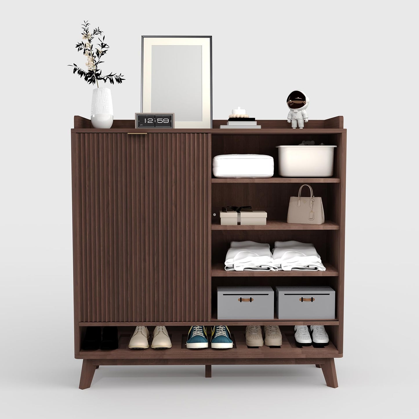 GarveeHome Narrow Fluted Shoe Cabinet Storage for Entryway, Wood Large Freestanding Shoe Organizer Cabinet with Sliding Door, 2 Flip Drawers, Adjustable Shelves Rack & Bottom Open Shelf