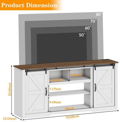 Garvee 70" Farmhouse TV Stands for 80" Television, Entertainment Center with Sliding Barn Door, Media TV Console Table with Storage & Adjustable Shelves for Living Room, White+Brown