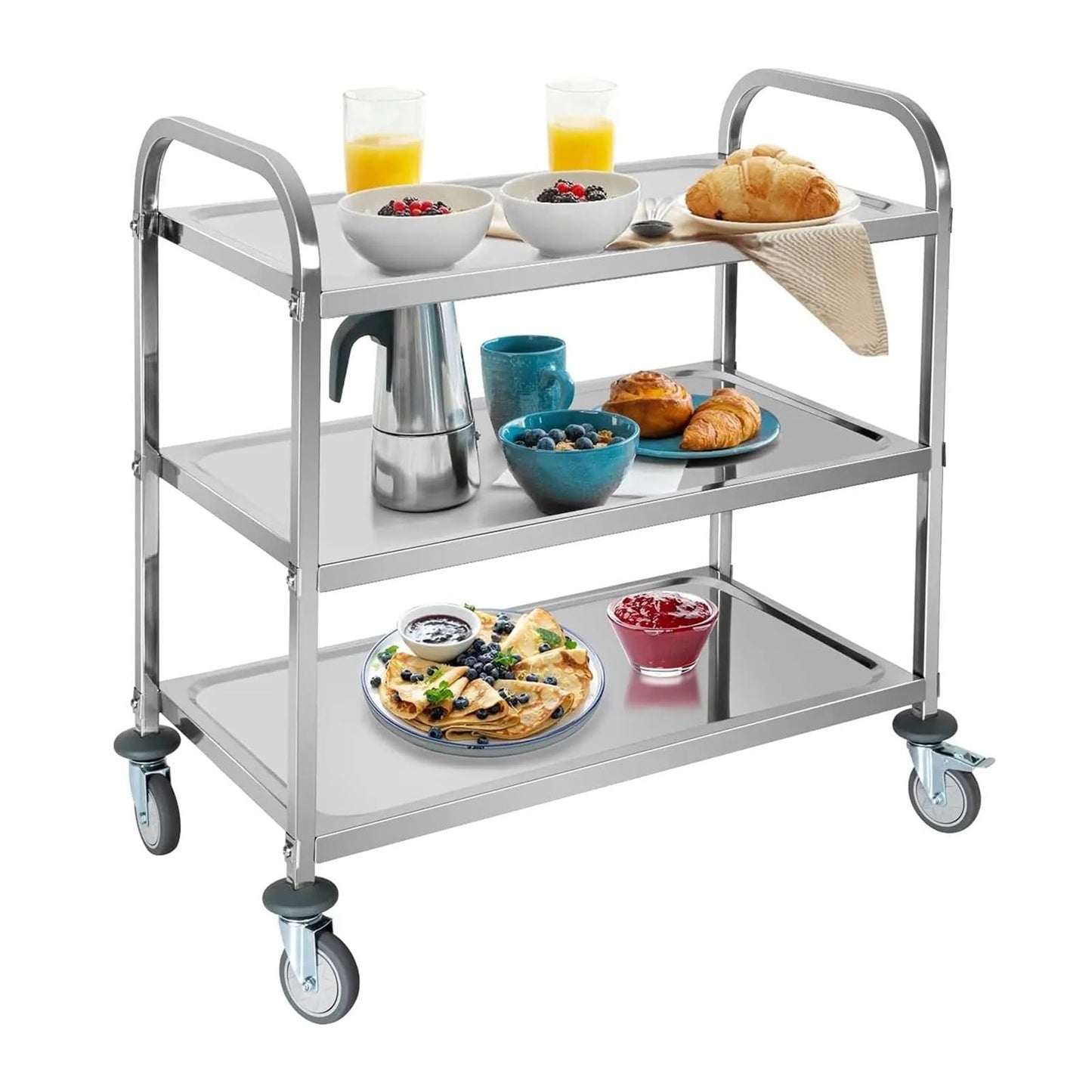 Shelf 3 Tier Stainless Steel Utility Cart, Kitchen Cart, Rolling Service Cart with Island, Storage Shelf for Catering with Locking Wheels Organizer Rack