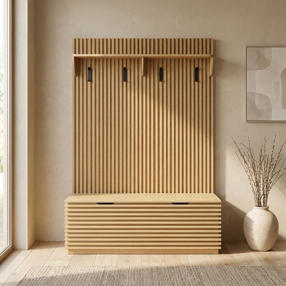 Furnifact Fluted-Panel Hall Tree with Storage Bench and Coat Rack, Entryway Bench with Hooks and Shoe Storage for Mudroom or Foyer, Oak