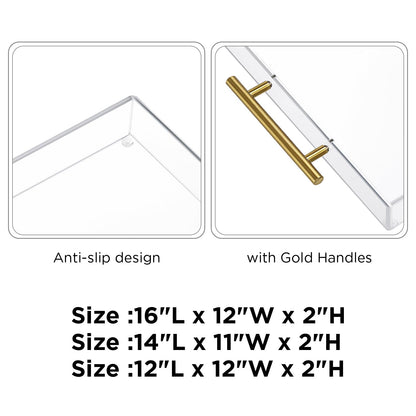12"x16" Clear Acrylic Serving Tray with Golden Handles, Sturdy Huge Capacity Acrylic Tray for Coffee, Juice, Kitchen and Desk Organizer, Storage Tray (12"x16")