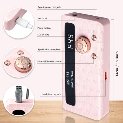 Electric Nail Drill - 45000RPM Portable Nail Drill丨Rechargeable Nail E-File Kit with 11 Bits & Base丨LED Screen丨Ultra-Silent, Rechargeable Nail Drills Machine for Acrylic Nails Gel Polishing(Pink)