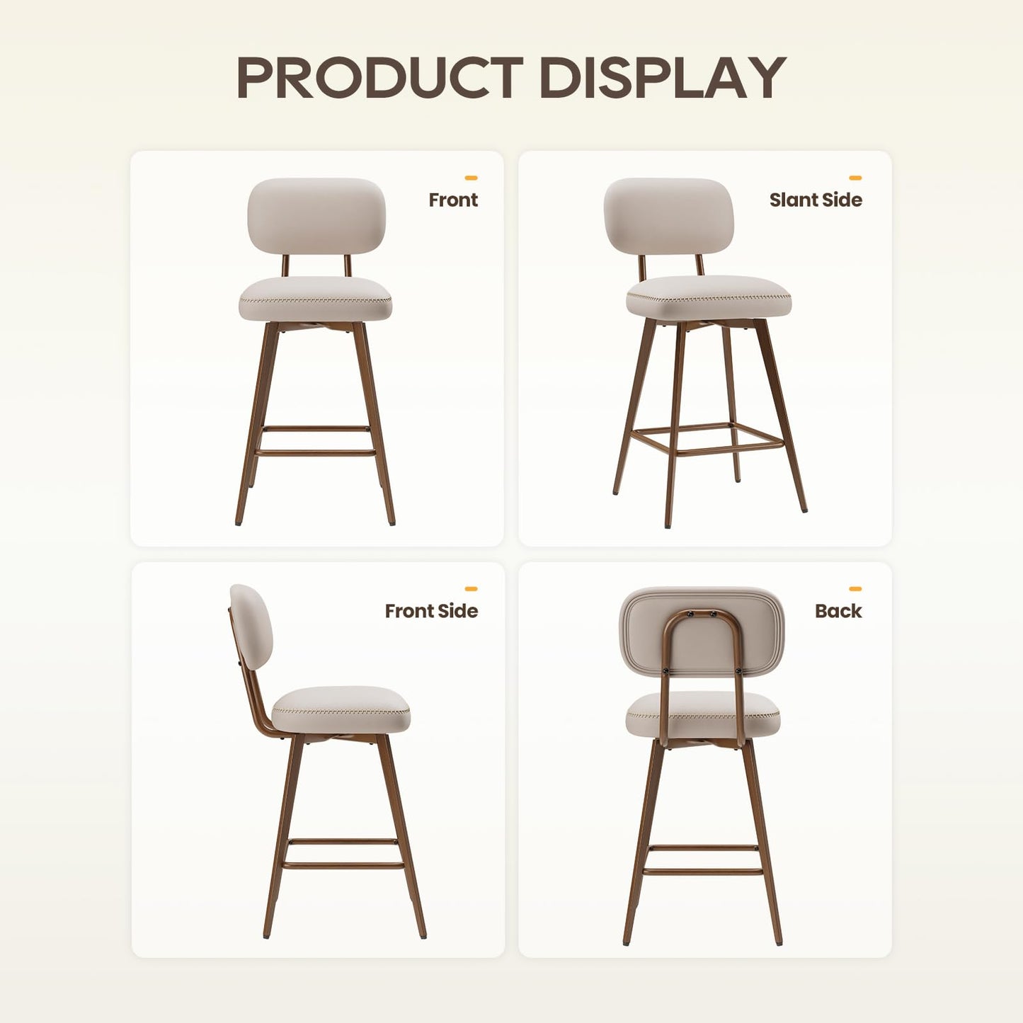 MALOL 26“ Swivel Bar Stools Set of 4, Mid Century PU Leather Counter Height Bar Chairs with Low Back and Metal Legs, Modern Bar Stool Chair for Kitchen Island, Beige
