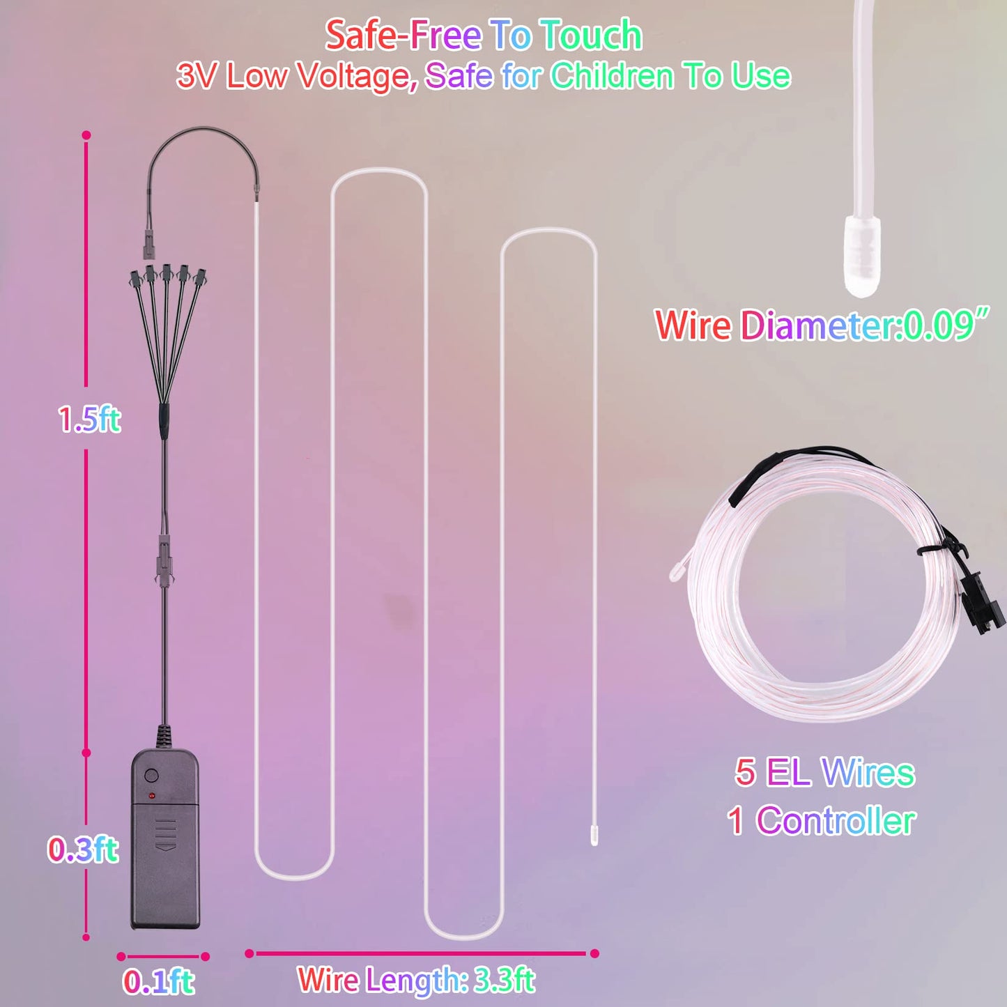 EL Wire 5in1 Portable Neon Rope Lights Strip Wearable Battery Pack Body Lights-360°Illumination Super Bright Cuttable DIY Halloween Christmas Festival Party Game Room Cosplay Costume(Ice Blue 1M)