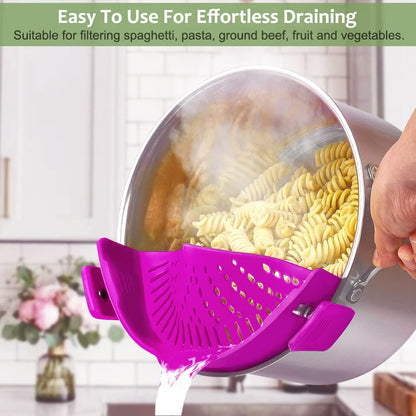 YEVIOR Clip on Strainer for All Pots Pan,Silicone Pasta Strainer Kitchen Gadgets,Collapsible Colander for Noodle,Vegetables,Fruit,Spaghetti (Grey)