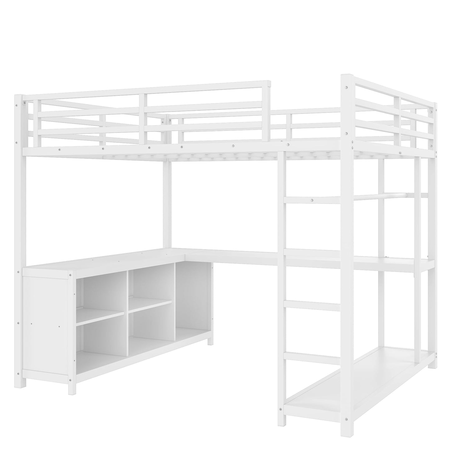 Bellemave Queen Size Loft Bed with Desk & Clothes Rack, All-in-One Heavy Duty Metal Loft Bed Frame with Storage Cube & Shelf, Space Saving Loft Bed Queen Size for Adult, Teen, Kids, Apartment, White