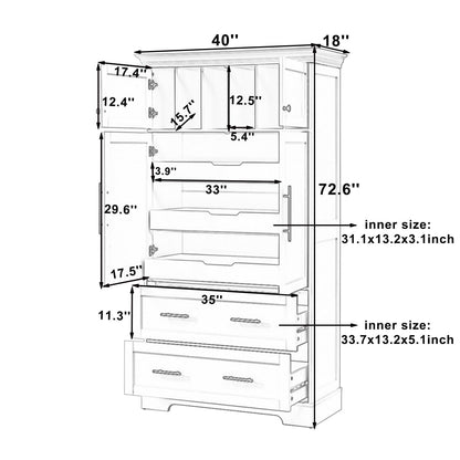 Merax 72.6" Farmhouse Kitchen Pantry Cabinet with Pull-Out Trays & Drawers, Freestanding Pantry with Cake Pan Storage, 4-Door Shaker Style Storage Cabinet, 40" L x 18" W, Grey