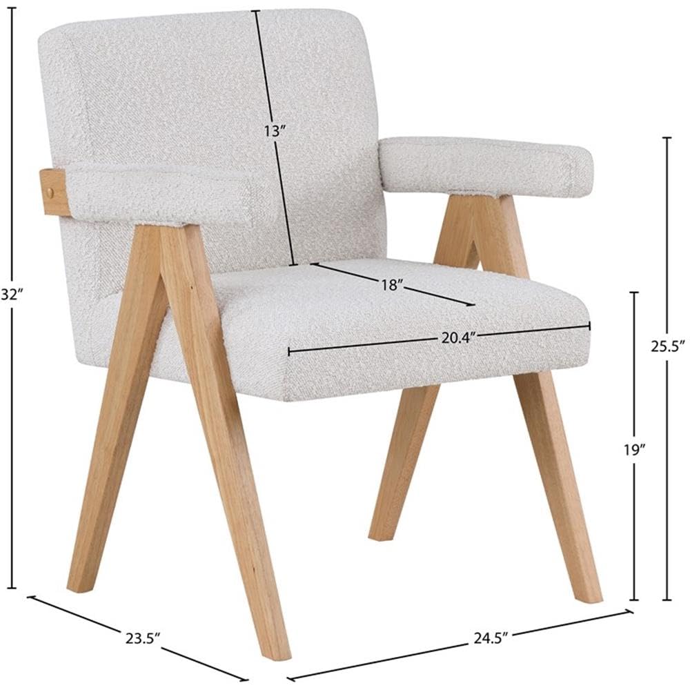 Meridian Furniture 480Cream Woodloch Collection Mid-Century Modern Boucle Fabric Upholstered Accent Chair with Rich Cream Boucle Fabric, Natural Finish Solid Wood, 24.5" W x 23.5" D x 32" H, Cream