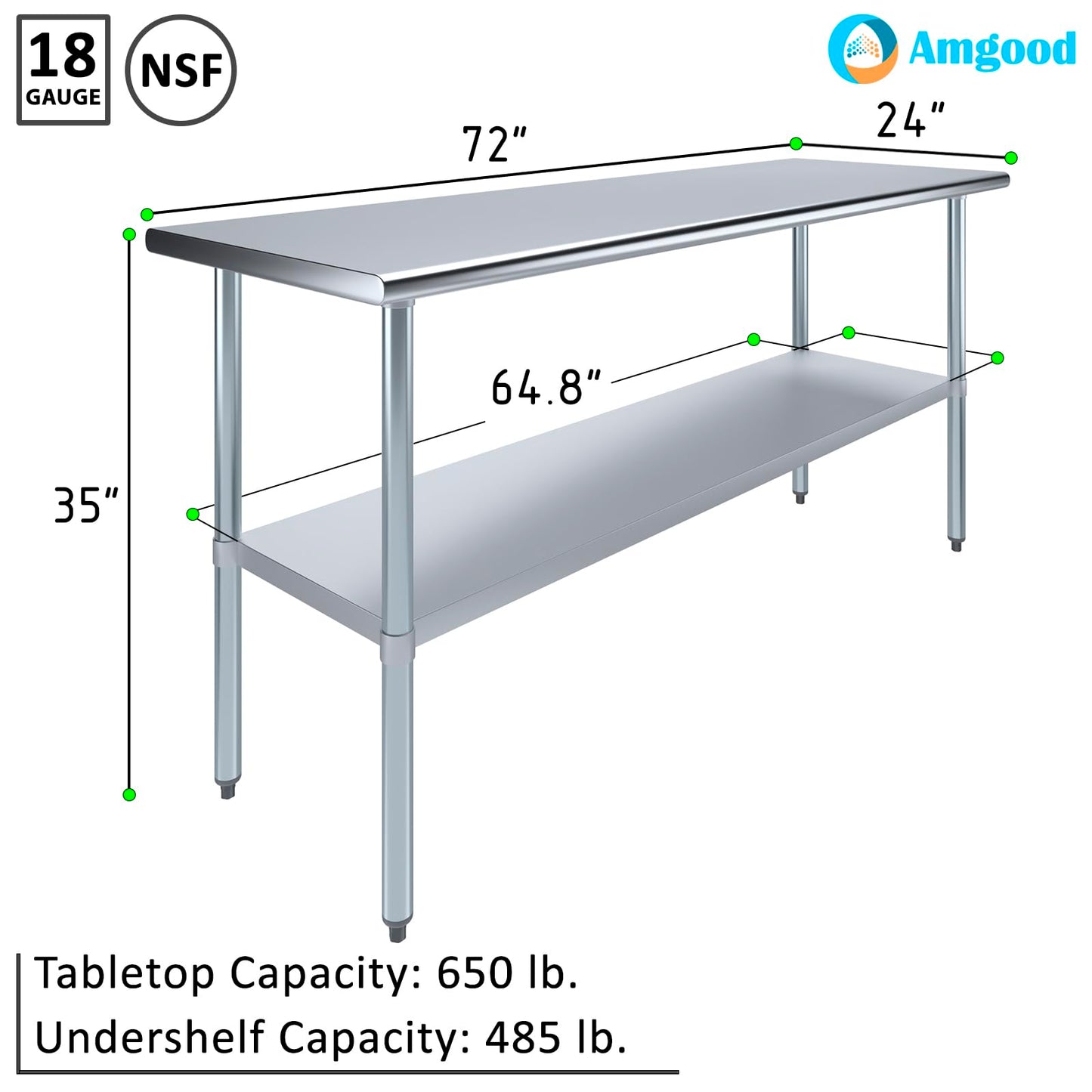 24" X 72" AmGood Stainless Steel Work Table | NSF Metal Prep Table | Commercial & Residential Kitchen Laundry Garage Utility Bench