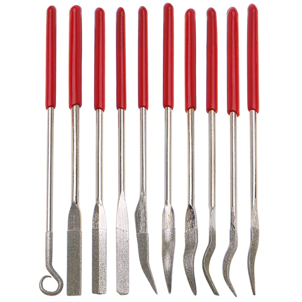 YAKAMOZ 10 Pcs Assorted Mini Diamond File Set Flat Needle Square Round Shape Rifler Files for Metal Jewelers Glass Wood Carving Craft Handy Curved Files Tool - 3x140mm