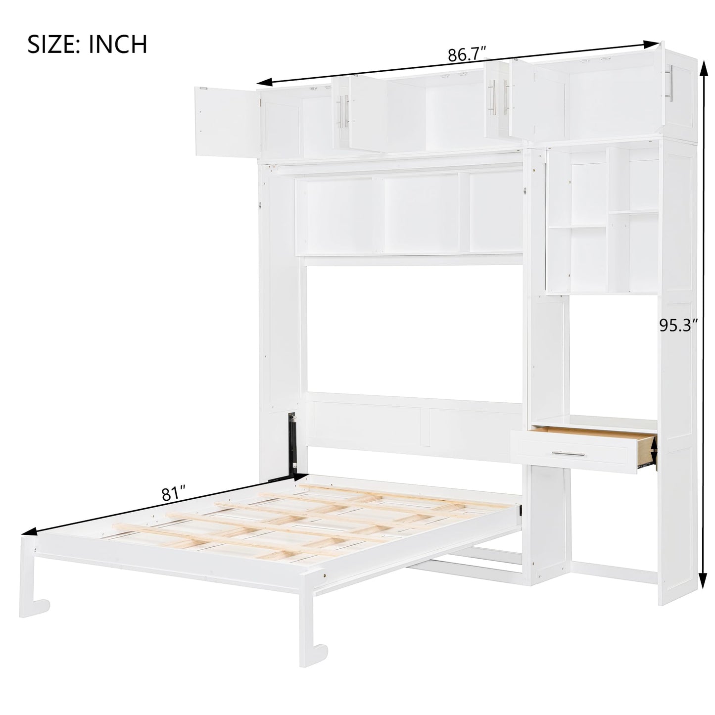 Merax Full Size Wall Murphy Bed with Desk, Top Cabinet and Storage Shelves, Space Saving Foldable Bed, Wooden Bed Frame
