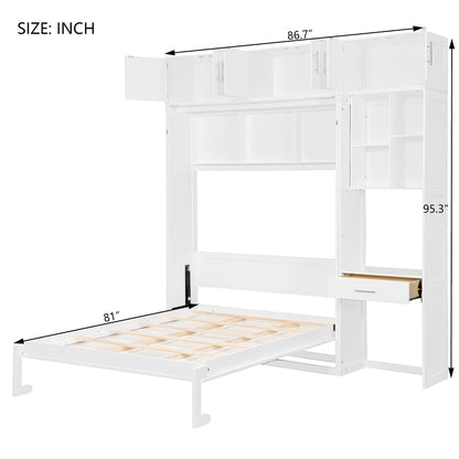 Merax Full Size Wall Murphy Bed with Desk, Top Cabinet and Storage Shelves, Space Saving Foldable Bed, Wooden Bed Frame