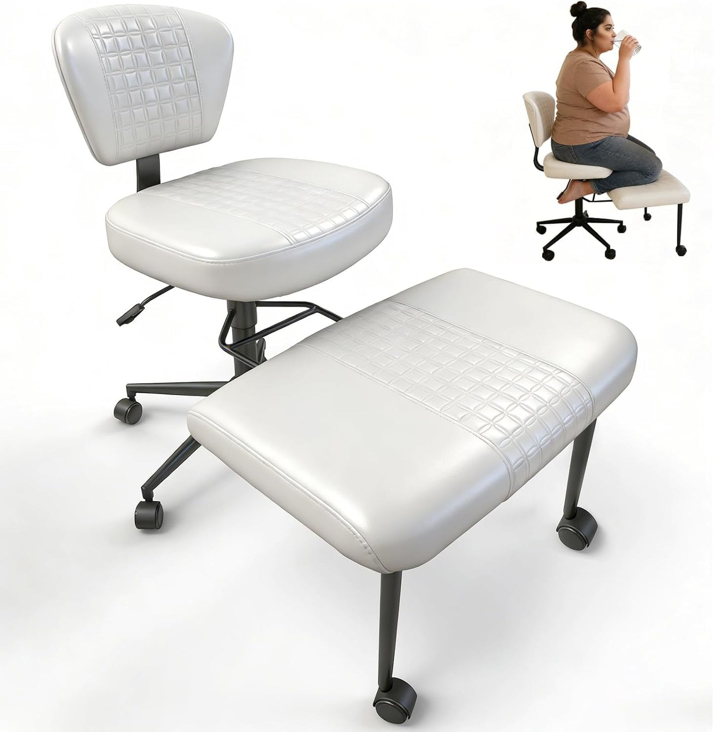 DIDAINT Meditation Chair with Footrest, 360° Swivel Height Adjustable Criss Cross Chair, White PU Padded Wide Seat, Home Office Desk Chair for Reading, Yoga, Peaceful Living