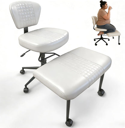 DIDAINT Meditation Chair with Footrest, 360° Swivel Height Adjustable Criss Cross Chair, White PU Padded Wide Seat, Home Office Desk Chair for Reading, Yoga, Peaceful Living