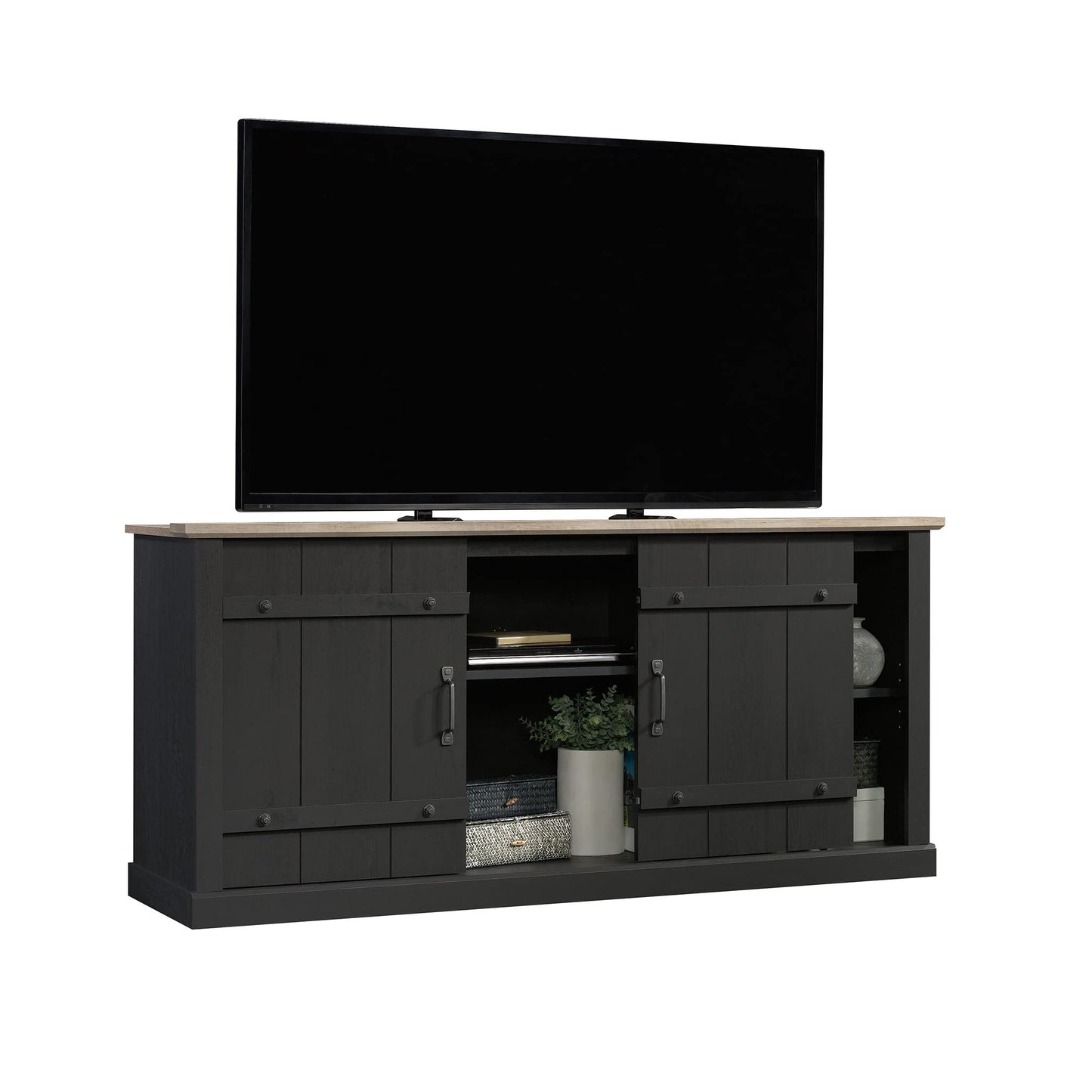 Sauder Misc Entertainment Farmhouse TV Stand, for TVs up to 70", Raven Oak Finish