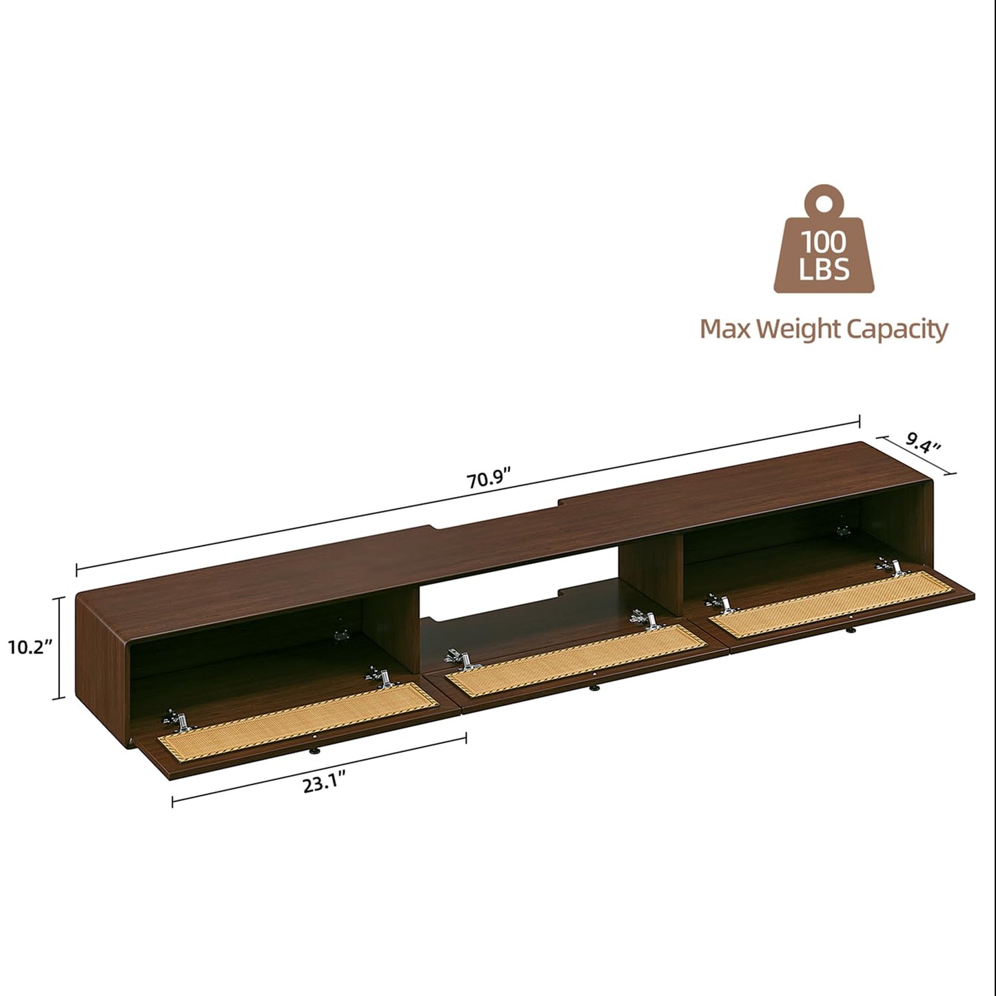 FurniNova 70'' Floating TV Stand with Rattan Doors, Wall Mount TV Console Cabinet, Fully Assembled Floating Entertainment Center, Matte Finish, Plywood Media Cabinet for Living Room