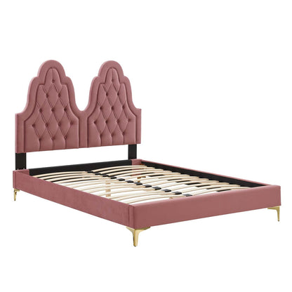 Modway Alexandria Tufted Performance Velvet Twin Platform Bed in Dusty Rose with Gold Legs