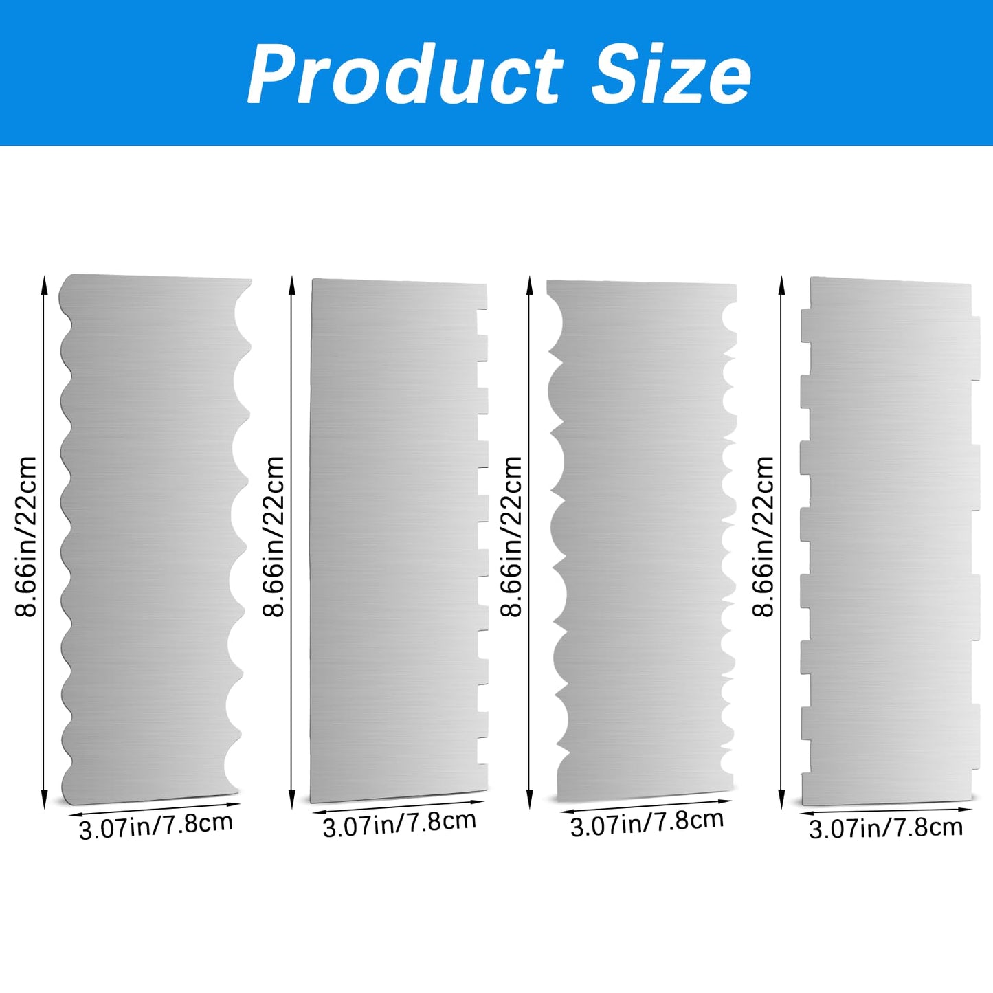 4 Pieces Stainless Steel Cake Scraper 10 Inch and Sided Patterned Edge Stripe Edge Smoother Scraper Cake Decorating Comb Cake Pastry Cutter for Mousse Butter Cream Cake Decoration