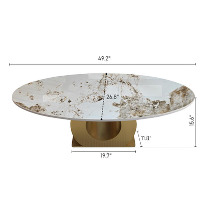 KEIKI 49.2" Modern Sintered Stone Coffee Table with Faux Marble Top & Stainless Steel O-Shaped Base, 15.6" Low Profile Industrial Center Table for Living Room, Contemporary Accent Table, White Gold