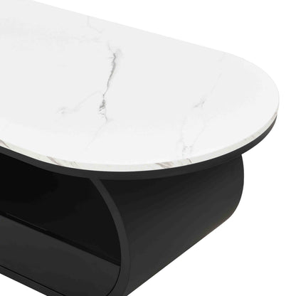 KEIKI Luxury Modern Oval Coffee Table with Storage Drawer, 47.24" Faux Marble Top, Wooden Coffee Table with Shelf, Sturdy Black Metal Frame for Living Room & Office, Black White