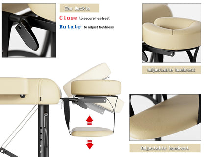 DOVANS Professional Massage Table Portable 2 Fold Premium Memory Foam Aluminium Leg Hold Up to 1100LBS 8 Heights Adjustable with Carrying Bag Cream