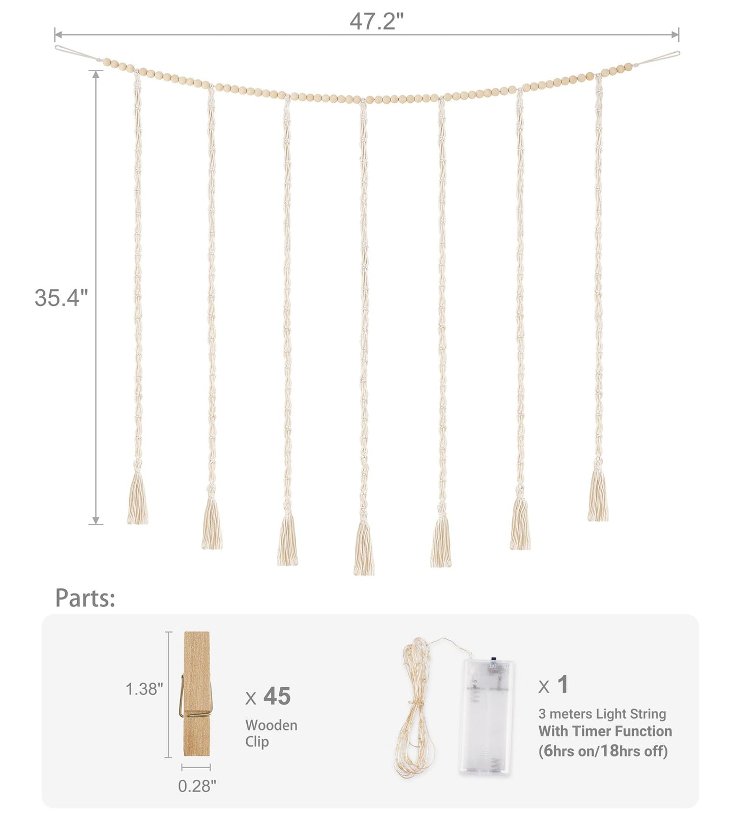 Mkono Macrame Hanging Photo Display Wall Decor with String Lights, Boho Wooden Beads Garland Collage Picture Card Frame Holder with 45 Clips for Bedroom Living Room Dorm, Teen Girls Christmas Gifts