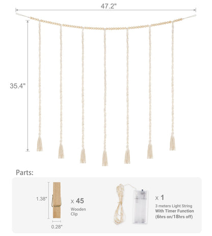 Mkono Macrame Hanging Photo Display Wall Decor with String Lights, Boho Wooden Beads Garland Collage Picture Card Frame Holder with 45 Clips for Bedroom Living Room Dorm, Teen Girls Christmas Gifts