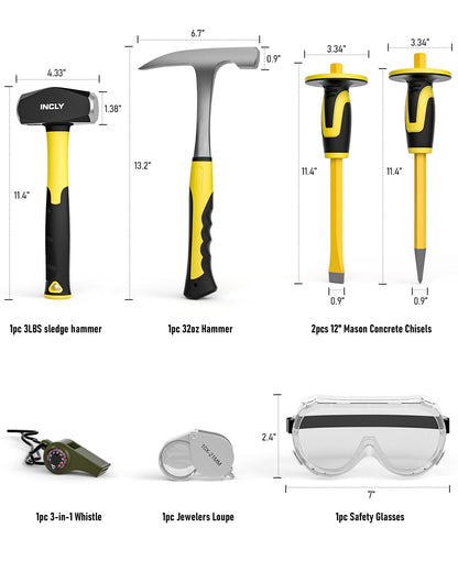 INCLY 7 Pcs Geology Rock Pick Equipment Kit, 3lb Sledge &32 oz Rock Hammer with 2PCS 12" Mason Concrete Chisel.Safety Glasses, Jewelers loupe, Tool Set for Hounding, GoldMining, Stone Breaking