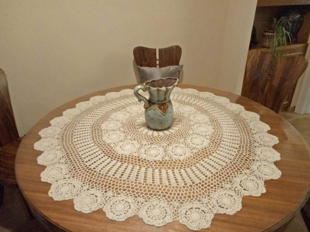 Damanni Beige Cotton Handmade Crochet Lace Tablecloth Doilies, Round, 35 Inch