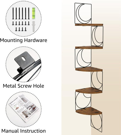 5 PHAREGE Tier Moon Phase Corner Shelves Brown Black, Rustic Storage Shelves for Bedroom Kitchen Bathroom Living Room
