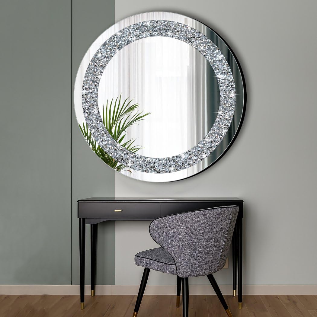 QMDECOR Round Wall Mirror 28x28 inch Crystal Crush Diamond Decor for Home Decoration Silver Mirror.