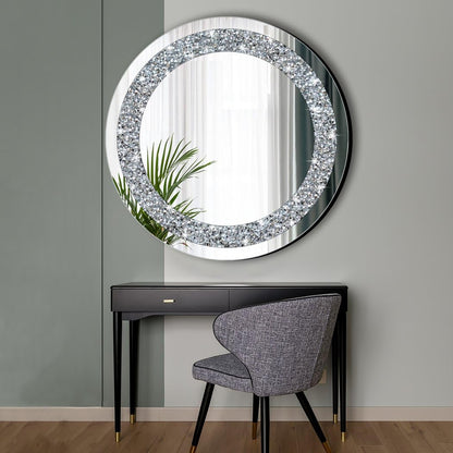 QMDECOR Round Wall Mirror 28x28 inch Crystal Crush Diamond Decor for Home Decoration Silver Mirror.