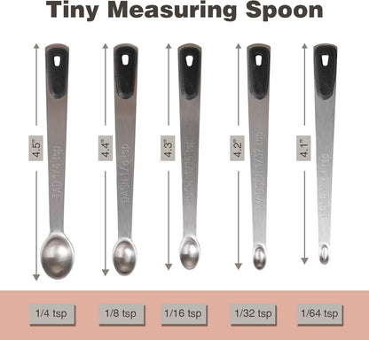 Measuring Spoons Set of 5, Tiny Stainless Steel Measuring Spoons with Black Silicone Handle for Dry or Liquid