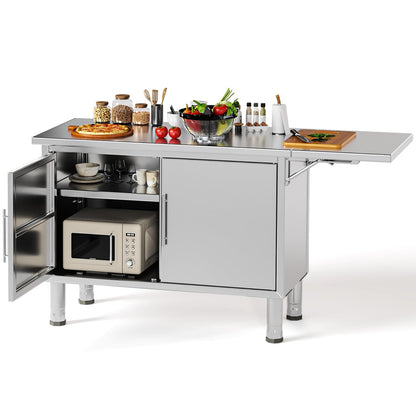 JFHID Stainless Steel Work Table, 57"x19.7" Commercial Worktable Kitchen Cabinets with Extend Panel & Adjustable Shelf, Heavy-Duty Kitchen Prep Table Workbench for Home, Restaurant, Garage and Hotel