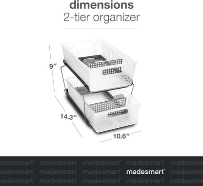 madesmart 2-Tier Organizer, Multi-Purpose Slide-Out Storage Baskets with Handles and Dividers, Frost