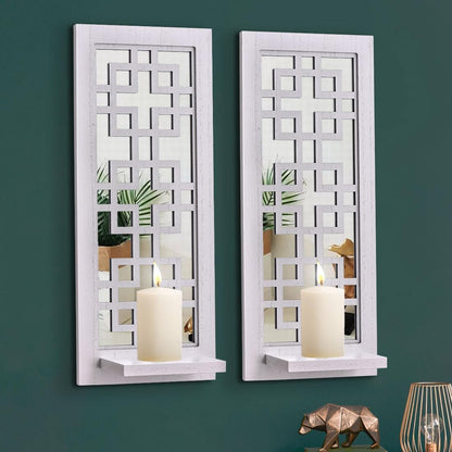 Aeveco Set 2, Wall Mirrored Candle Sconces of Decorative Wooden Candle Holder, Rustic Candle Sconce, White Living Room