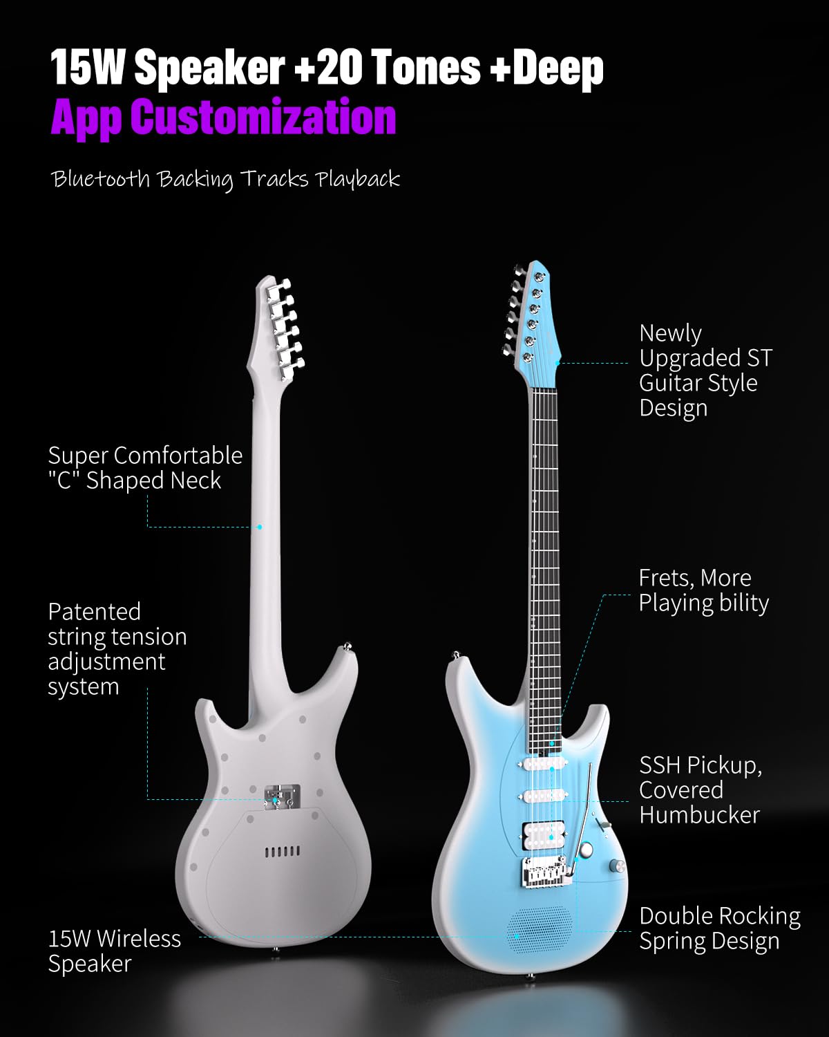 Enya Inspire 39" Smart Electric Guitar - Carbon Fiber Body with Built-in 15W Speaker, 20 Tones & App Control, 4 Presets, Bluetooth, Gig Bag Included, 2-Year Warranty