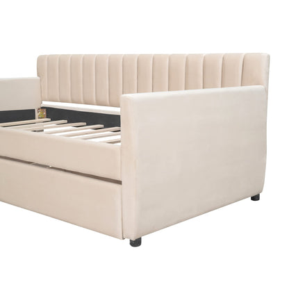 YOPTO Velvet Upholstered Twin Daybed with Two Storage Drawers, Solid Wooden Sofa Bed Frame w/Vertical Stripes Designed Backrest and Pine Legs, Space-Saving Design