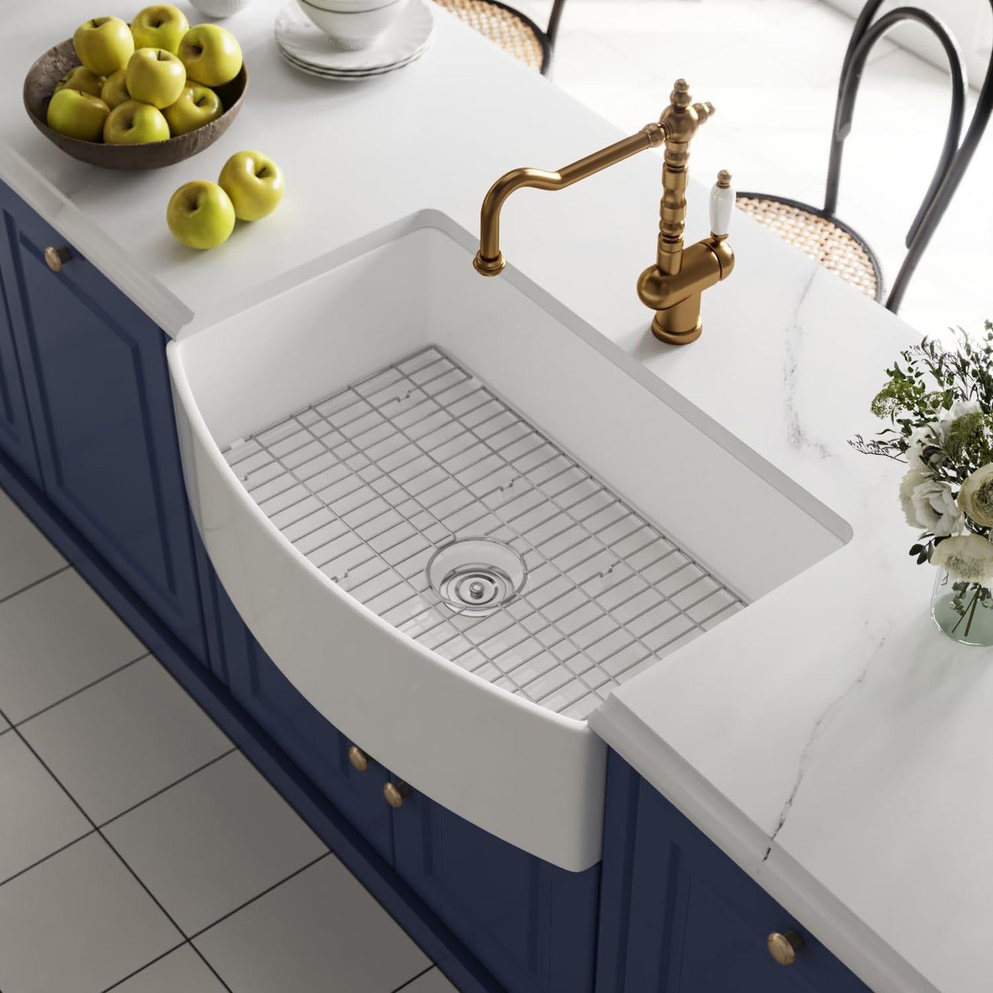 DeerValley Farmhouse Kitchen Sink 33 inch, White Fireclay Apron Front Farm Sinks, Single Bowl Deep Drop In Undermount Sink with Grid and Basket Strainer, Easy to Clean