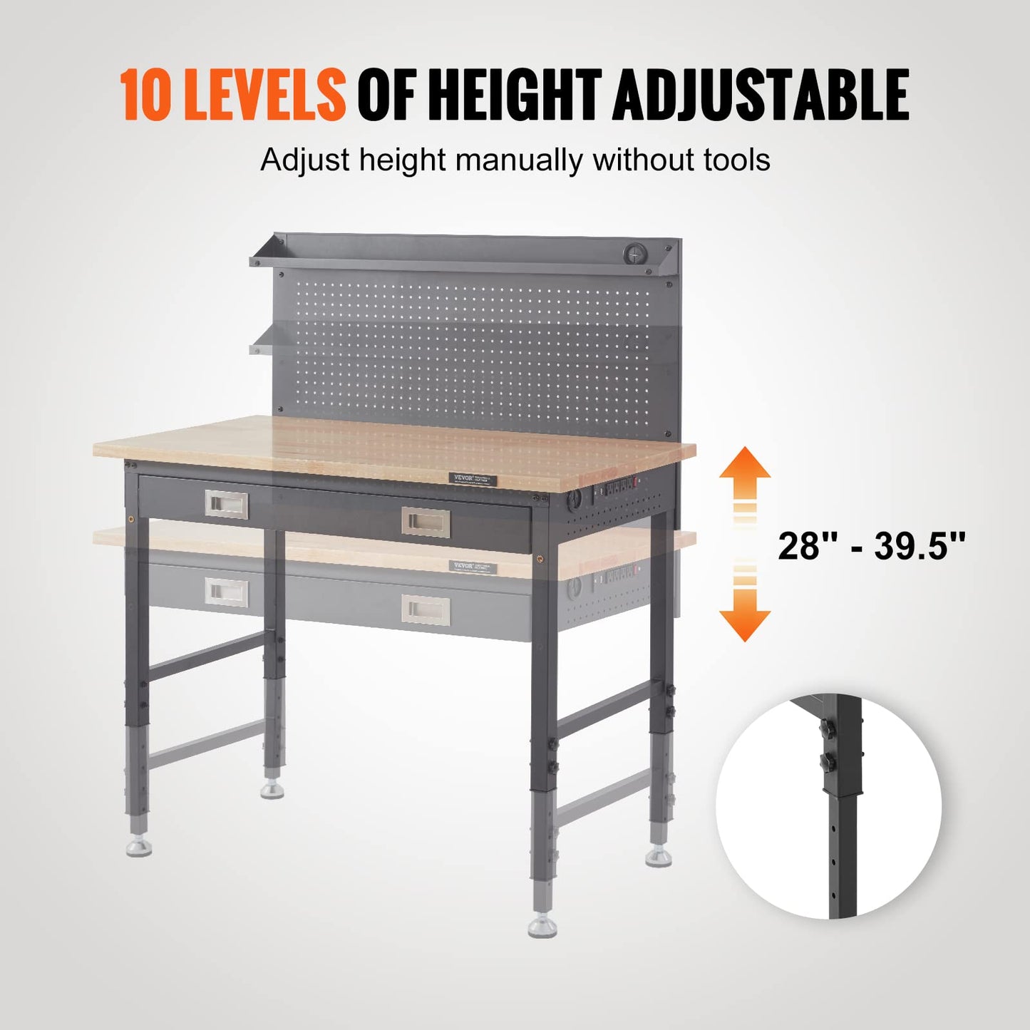 VEVOR Workbench Adjustable Height 28-39.5'' Work Bench for Garage Oak Plank & Carbon Steel Heavy Duty Workbench 2000lbs Weight Capacity top Size 48x24 Hardwood Workbench 3m Cable 30 Hooks, Black
