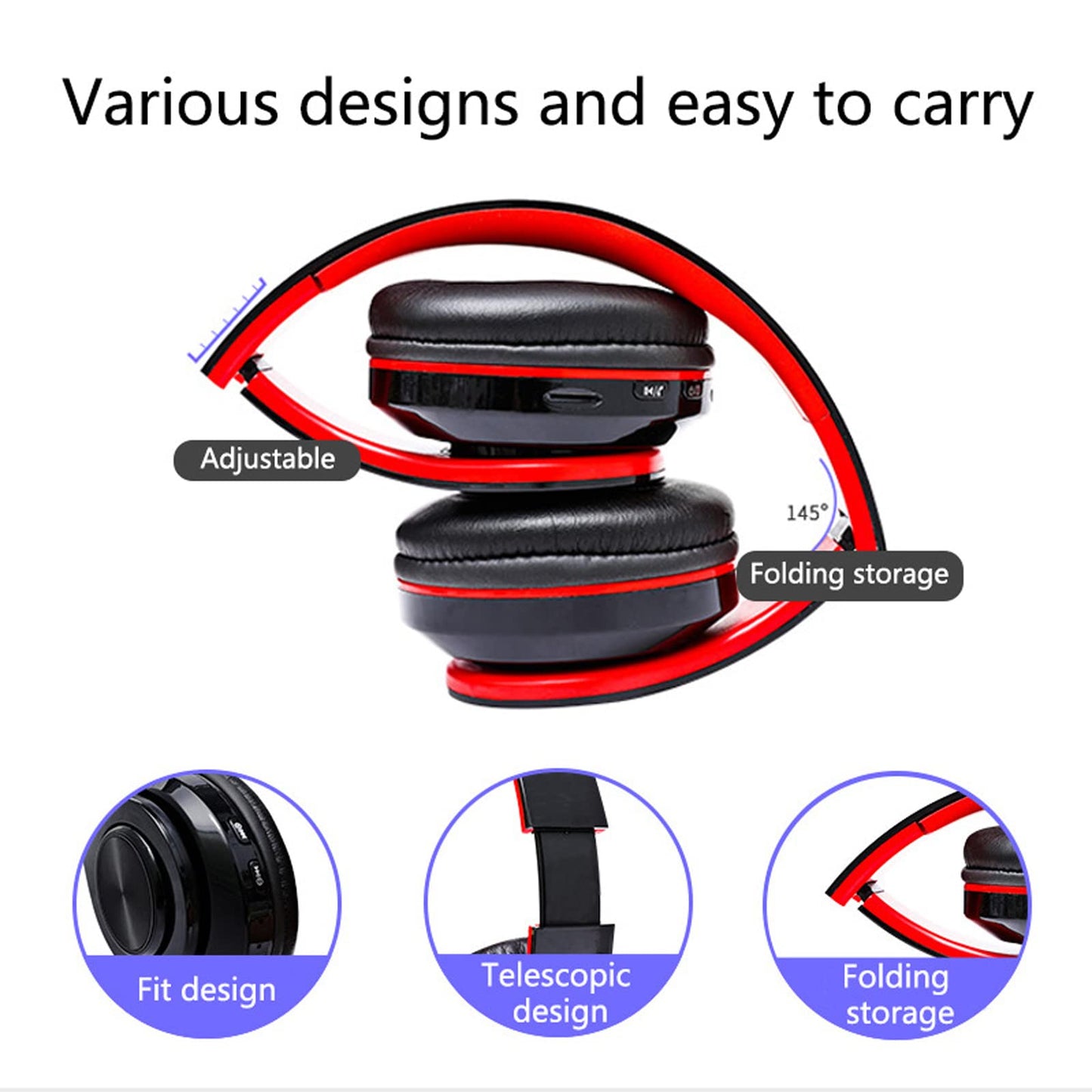 LFGKeng Wireless Bluetooth Headphones with Colorful LED Lights, Built-in Mic, Light Weight, Foldable, Wired HiFi Stereo Headphones for Classroom/Home Office/PC/Mobile Phone/Kids Adult (Black Red)