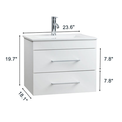 KEIKI 24" Gloss Wall-Mounted Bathroom Vanity with Ceramic Sink, Double Soft-Close Drawers, Modern Minimalist Design