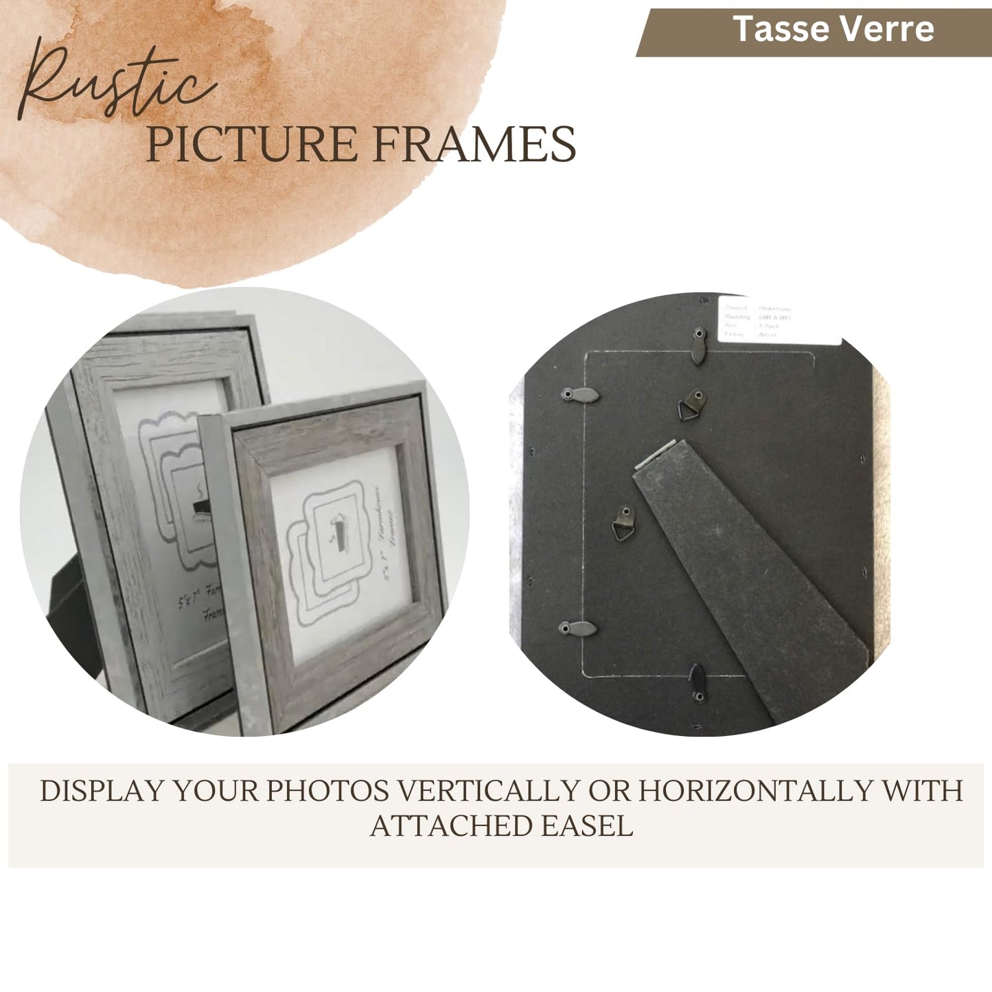 Tasse Verre 5x7 Rustic Picture Frames 3-Pack, Distressed Farmhouse-Style Table Frame, Brushed Industrial Silver Metal Look Frame with Wood Looking Insert, Ready-to-Hang Hooks.