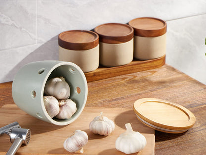 ONEMORE Large Garlic Keeper with Lid, Ceramic Garlic Saver 5 inch, Garlic Keeper for Counter, Light Green